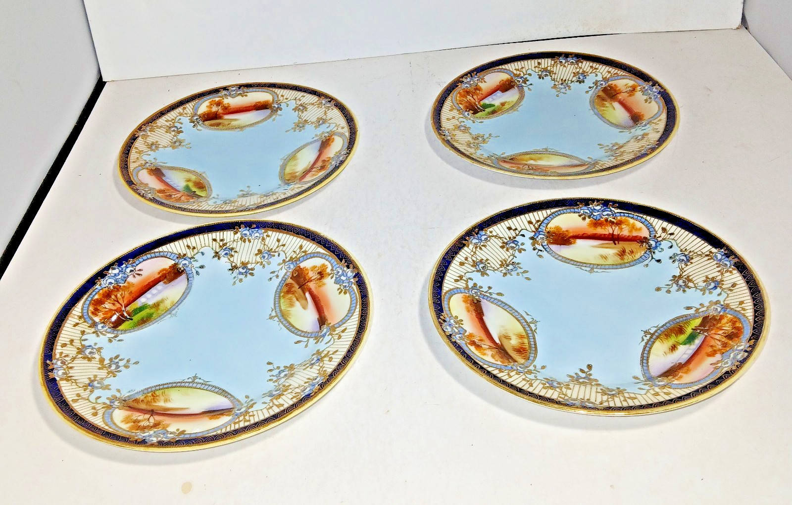 4 Antique Nippon Dessert Plates, Blue, Gold & Moriage, Green M in Wreath, 7 1/2 4 Antique Nippon Dessert Plates, Blue, Gold & Moriage, Green M in Wreath, 7 1/2