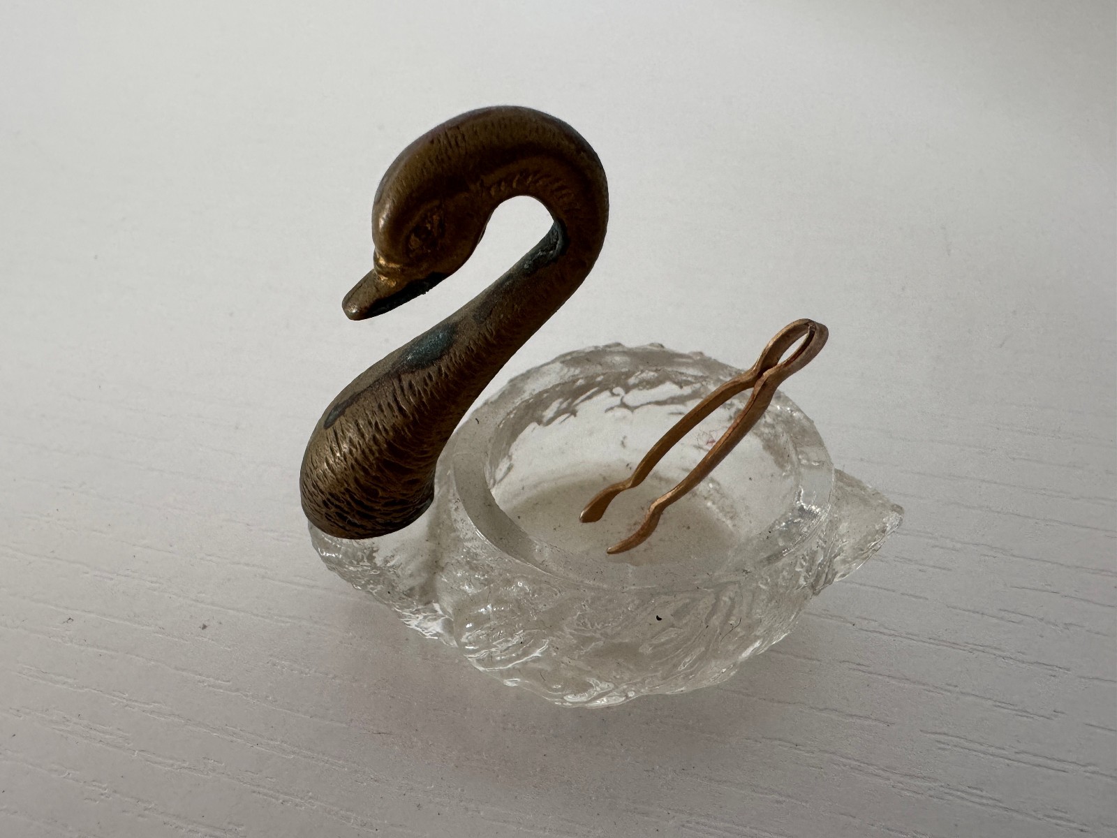 Vintage 20th century Swan Salt Cellar Clear Crystal Glass Body Brass Head/Tongs Vintage 20th century Swan Salt Cellar Clear Crystal Glass Body Brass Head/Tongs
