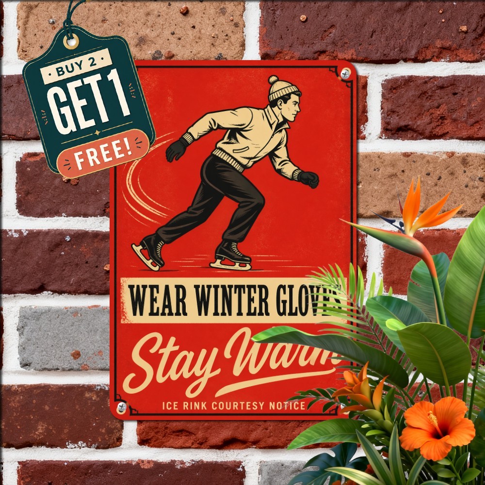 vintage ice skating safety notice red background black