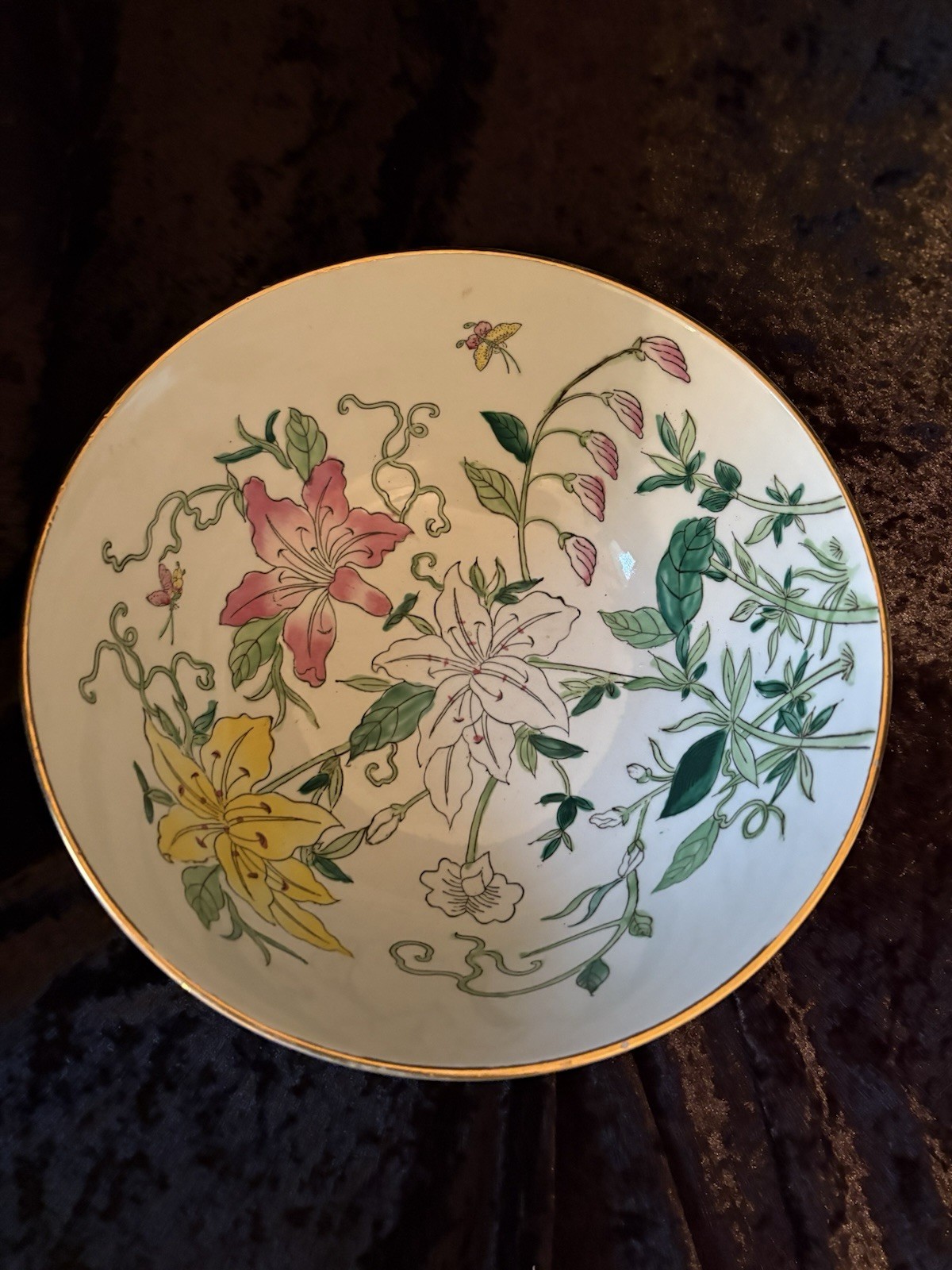 Large Decorative Oriental Bowl With Tiger Lily Motif, 10” Large Decorative Oriental Bowl With Tiger Lily Motif, 10”