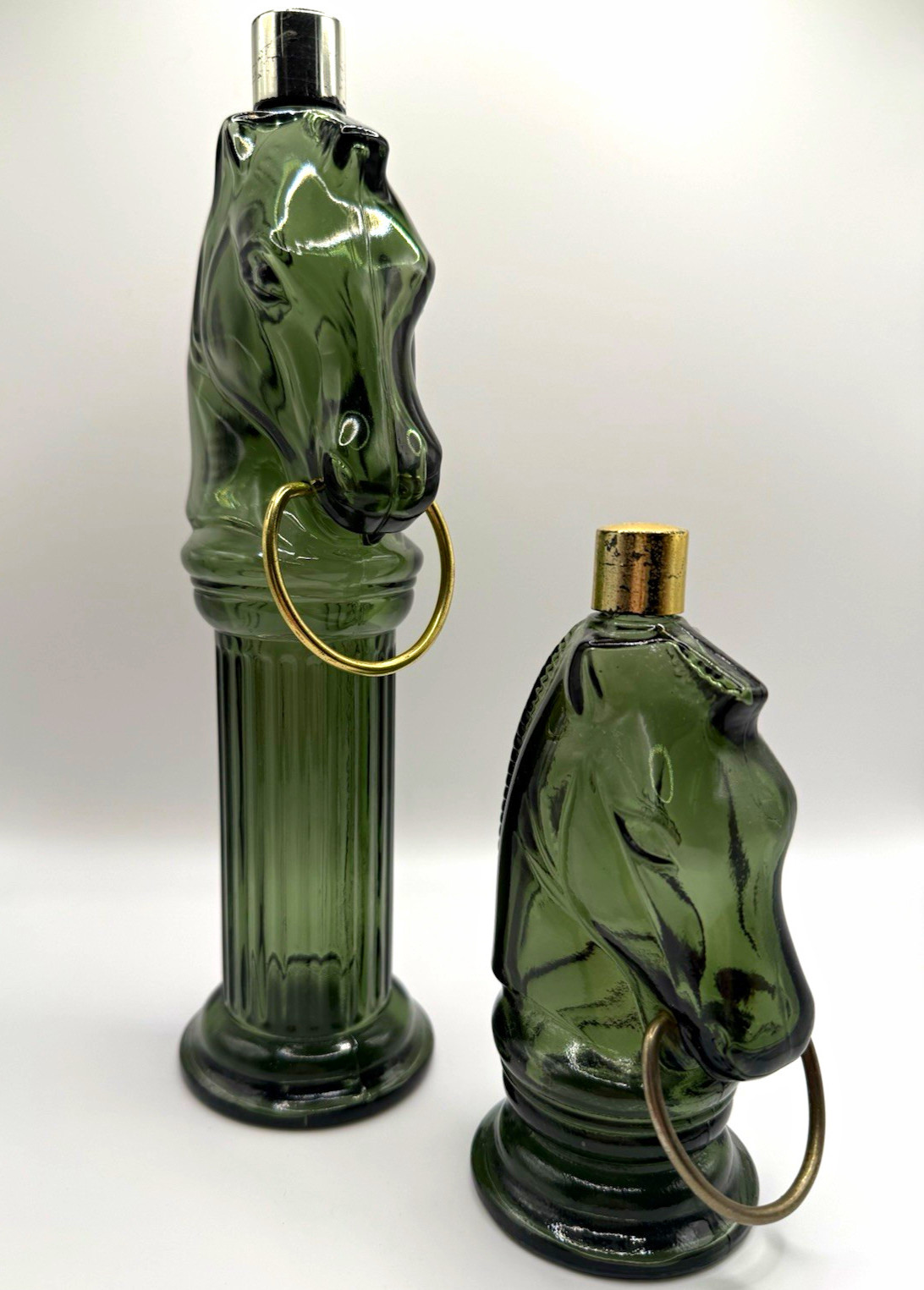 Vintage Avon Green Glass Horse Decanter Lot Pony Post Knight Head Bottle Empty Vintage Avon Green Glass Horse Decanter Lot Pony Post Knight Head Bottle Empty