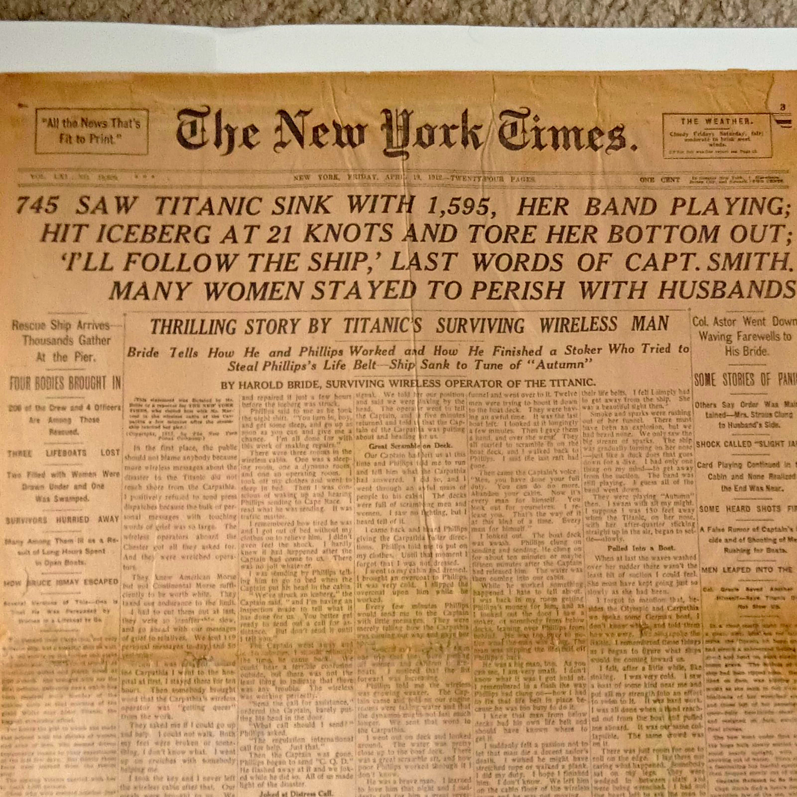 Original Titanic Sinks - April 19, 1912 New York Times Newspaper Original Titanic Sinks - April 19, 1912 New York Times Newspaper