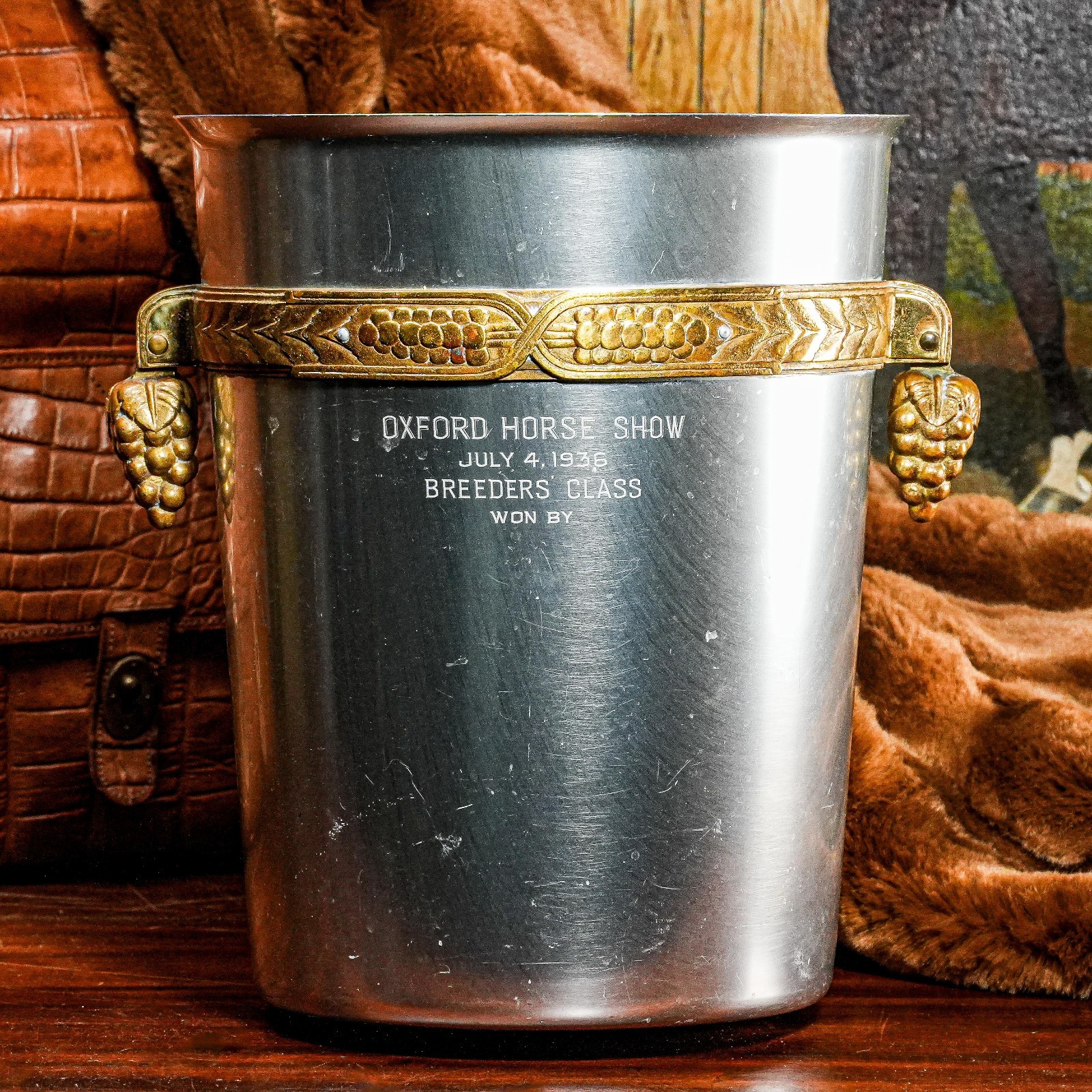 Art Deco Antique Aluminum Brass Wine Cooler Ice Bucket Grape Horse Trophy Art Deco Antique Aluminum Brass Wine Cooler Ice Bucket Grape Horse Trophy