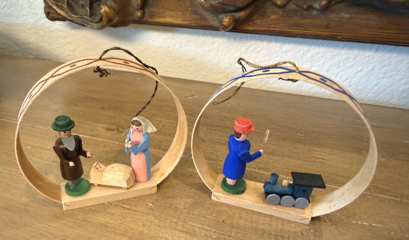 Vintage German Style Wooden Christmas Ornaments Nativity Train Set of 2