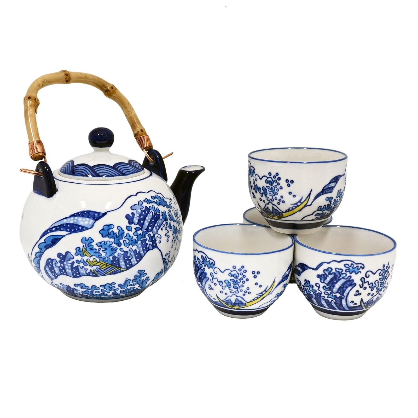 Urban Tokyo Hokusai Great Wave Porcelain Tea Set 30oz Teapot 4 Cups Blue White Urban Tokyo Hokusai Great Wave Porcelain Tea Set 30oz Teapot 4 Cups Blue White