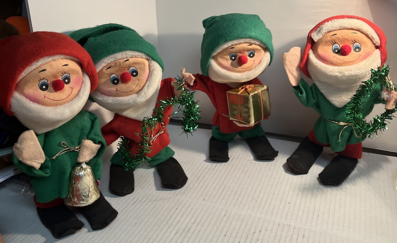 Vintage Christmas Flocked Face- Felt ELVES Lot Of 4 Japan Bendable Wire 1950-60 Vintage Christmas Flocked Face- Felt ELVES Lot Of 4 Japan Bendable Wire 1950-60