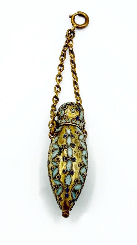 Antique 1800s Gold-Tone & Enamel Chatelaine Perfume Scent Bottle Antique 1800s Gold-Tone & Enamel Chatelaine Perfume Scent Bottle