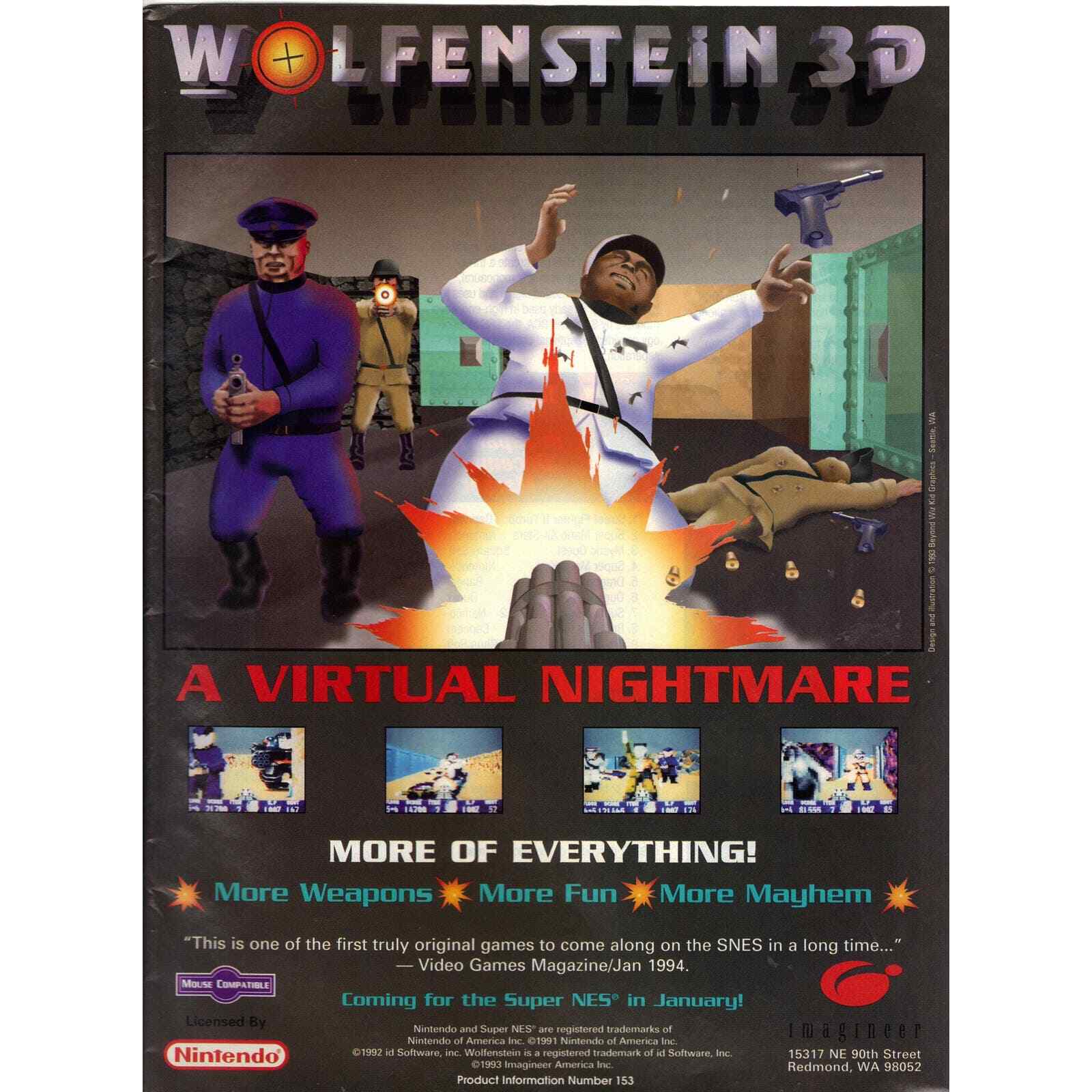 Vintage 1994 Print Ad for Wolfenstein 3D - Nintendo Vintage 1994 Print Ad for Wolfenstein 3D - Nintendo