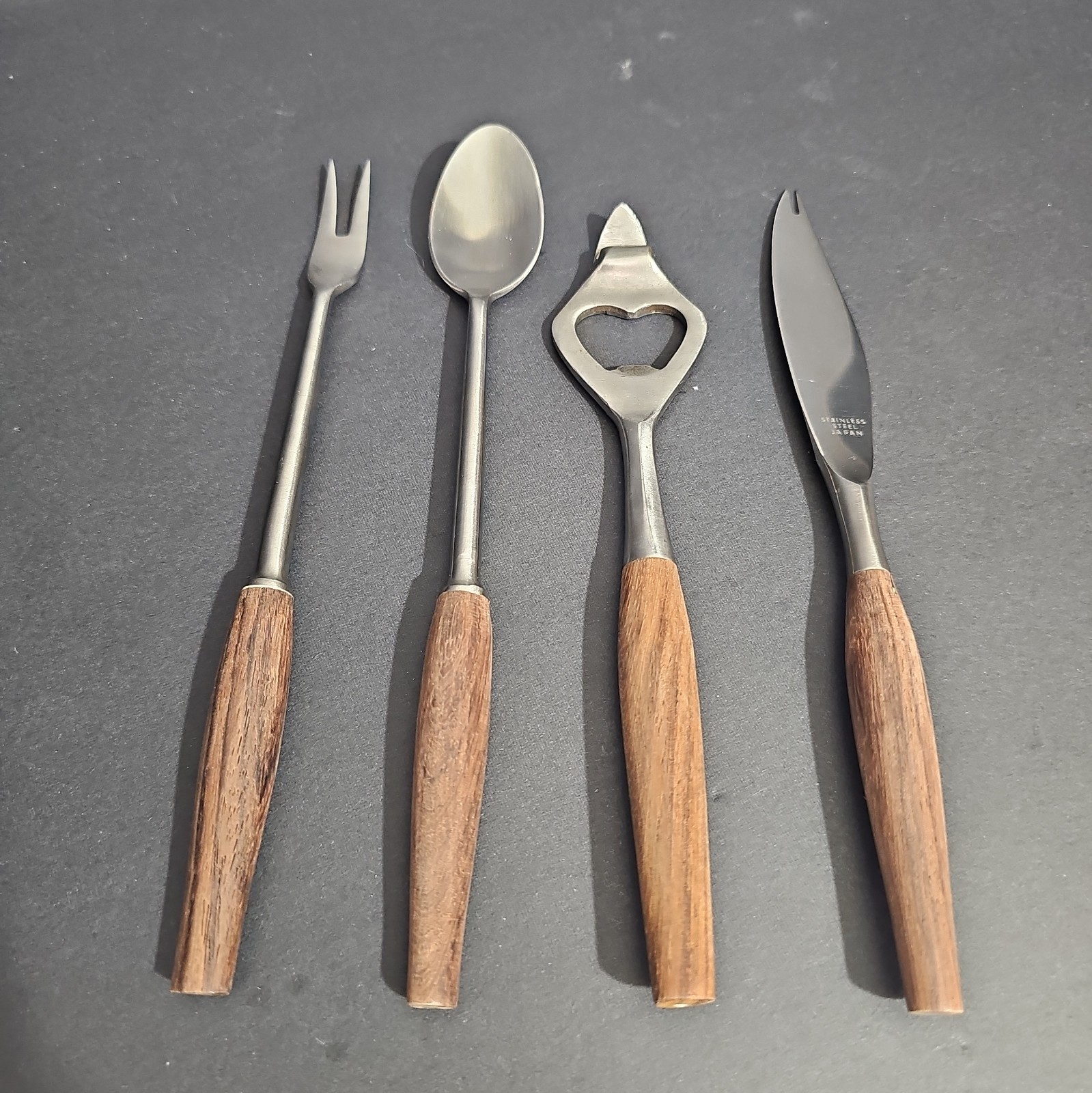 Vintage MCM Japanese Barware Utensil Set Wood Handles Stainless Steel Japan 4 Pc