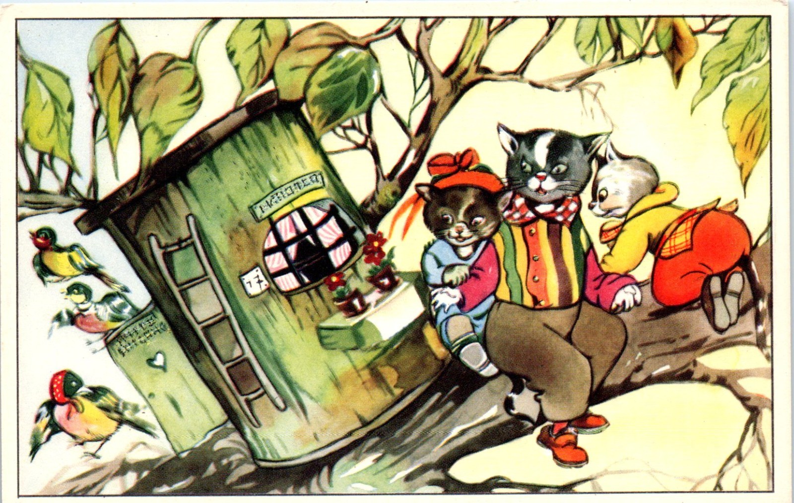 1930s Family of Dressed Cats Bothering Birds Anthropmorphic Postcard 1930s Family of Dressed Cats Bothering Birds Anthropmorphic Postcard