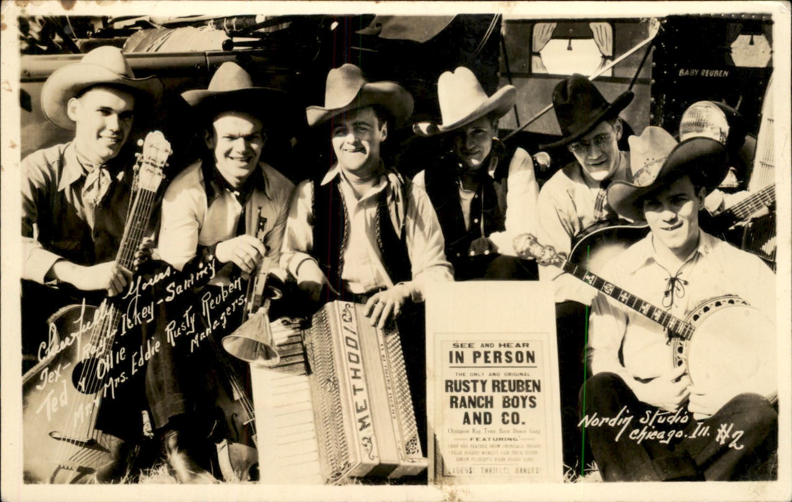 Chicago IL Nordin Studio Cowboy Musicians Banjo c1930s-40s RPPC bhn