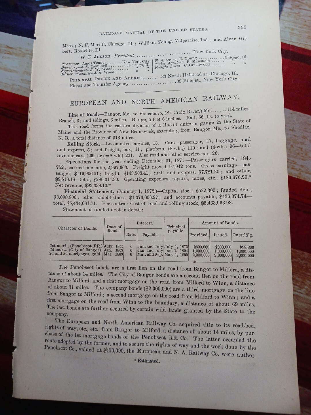 1872 Train Report EUROPEAN & NORTH AMERICAN RAILWAY Bangor Vanceboro Maine 