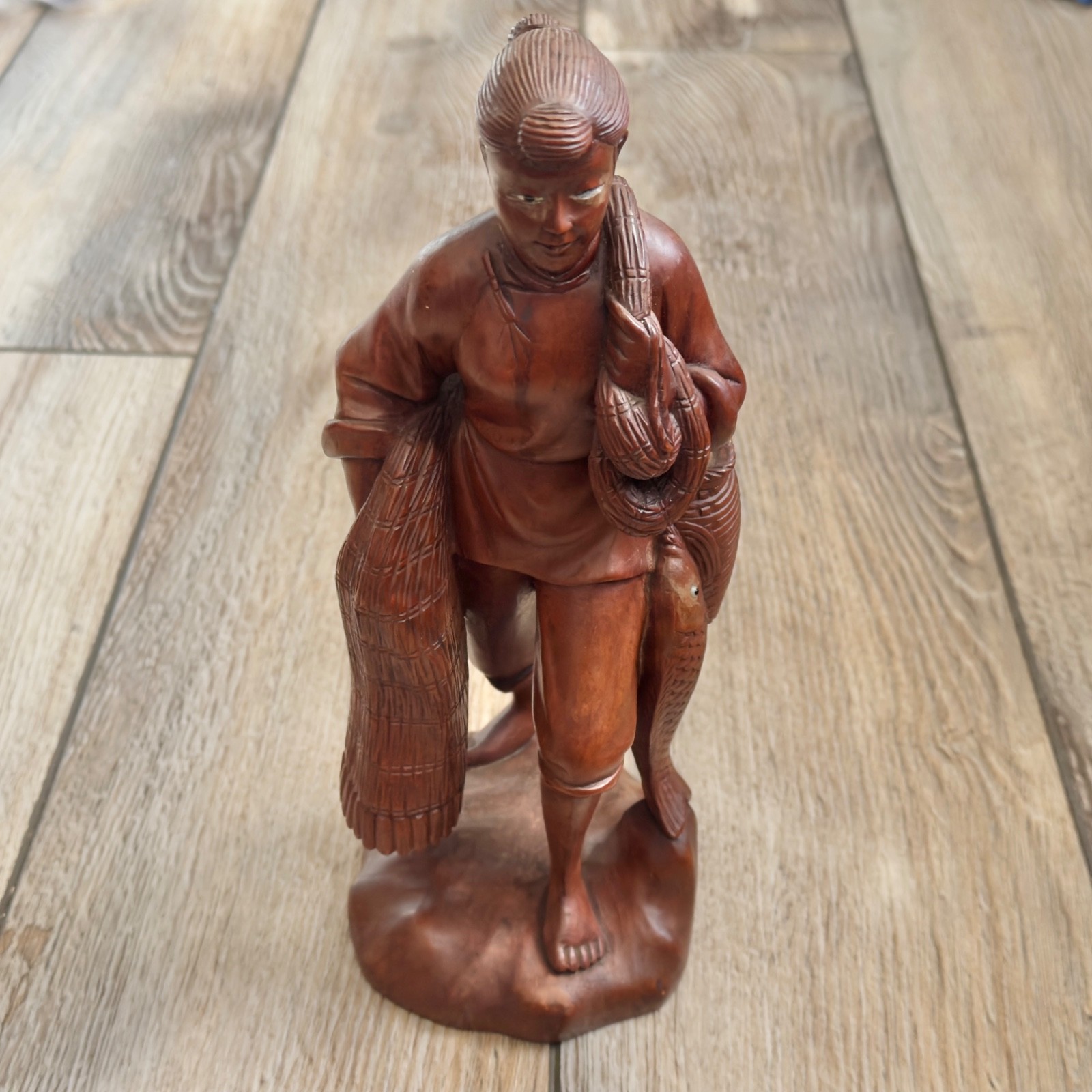 Vintage Happy Asian Fisherman Woman With Net Hand Carved Wooden Figure Vintage Happy Asian Fisherman Woman With Net Hand Carved Wooden Figure