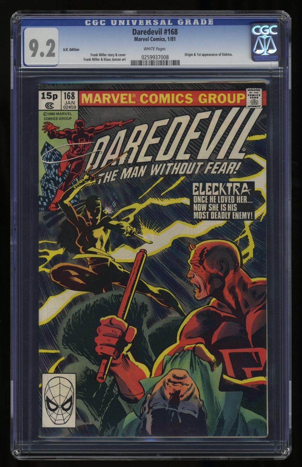 Daredevil #168 CGC NM- 9.2 White Pages UK Price Variant 1st Appearance Elektra