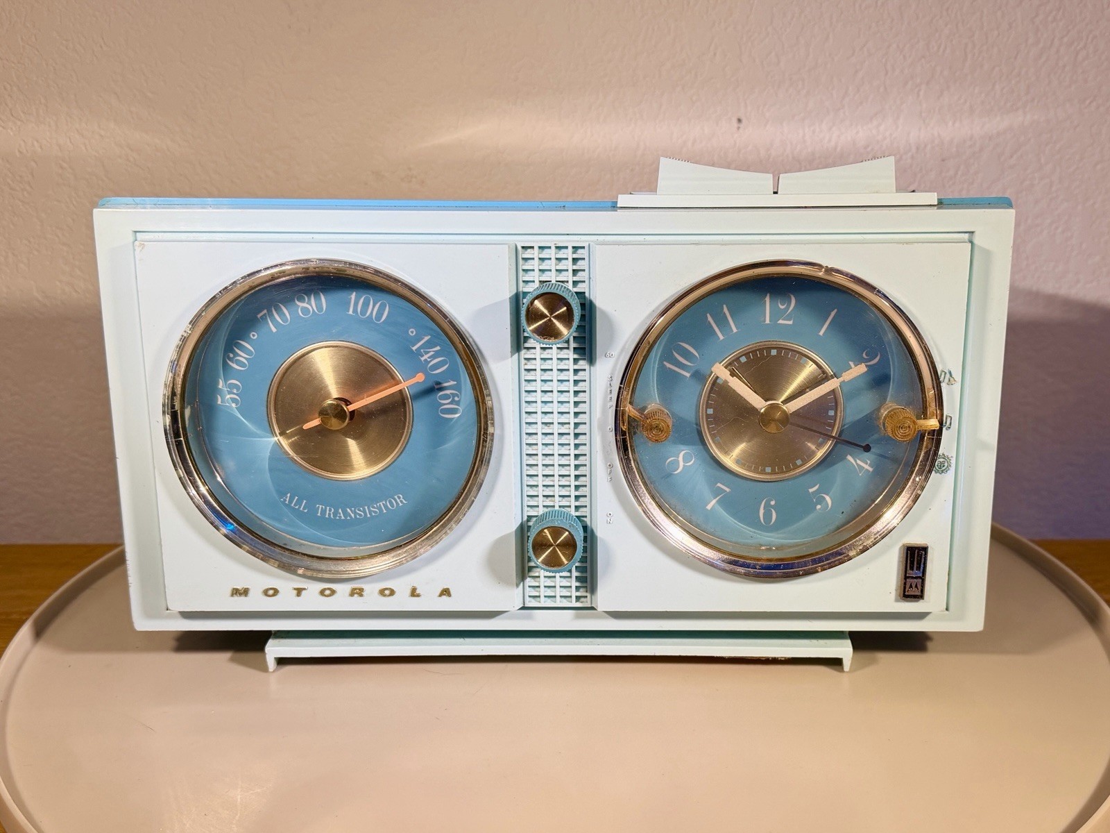 Rare 1961 Motorola CX28B Two Tone Blue AM Transistor Clock Radio Alarm - Works