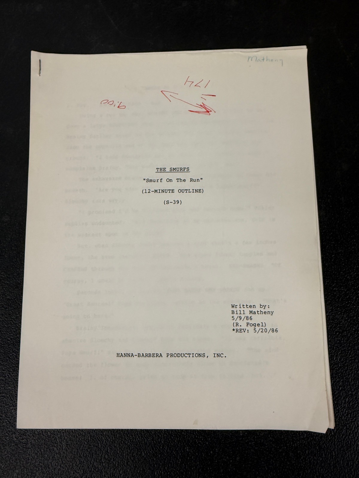 The Smurfs Original Story Outline 1986 Smurf on the Run Hanna-Barbera Matheny