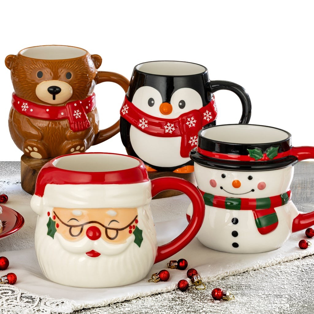 Signature Housewares Christmas Mugs Set of 4 Hand Painted Stoneware