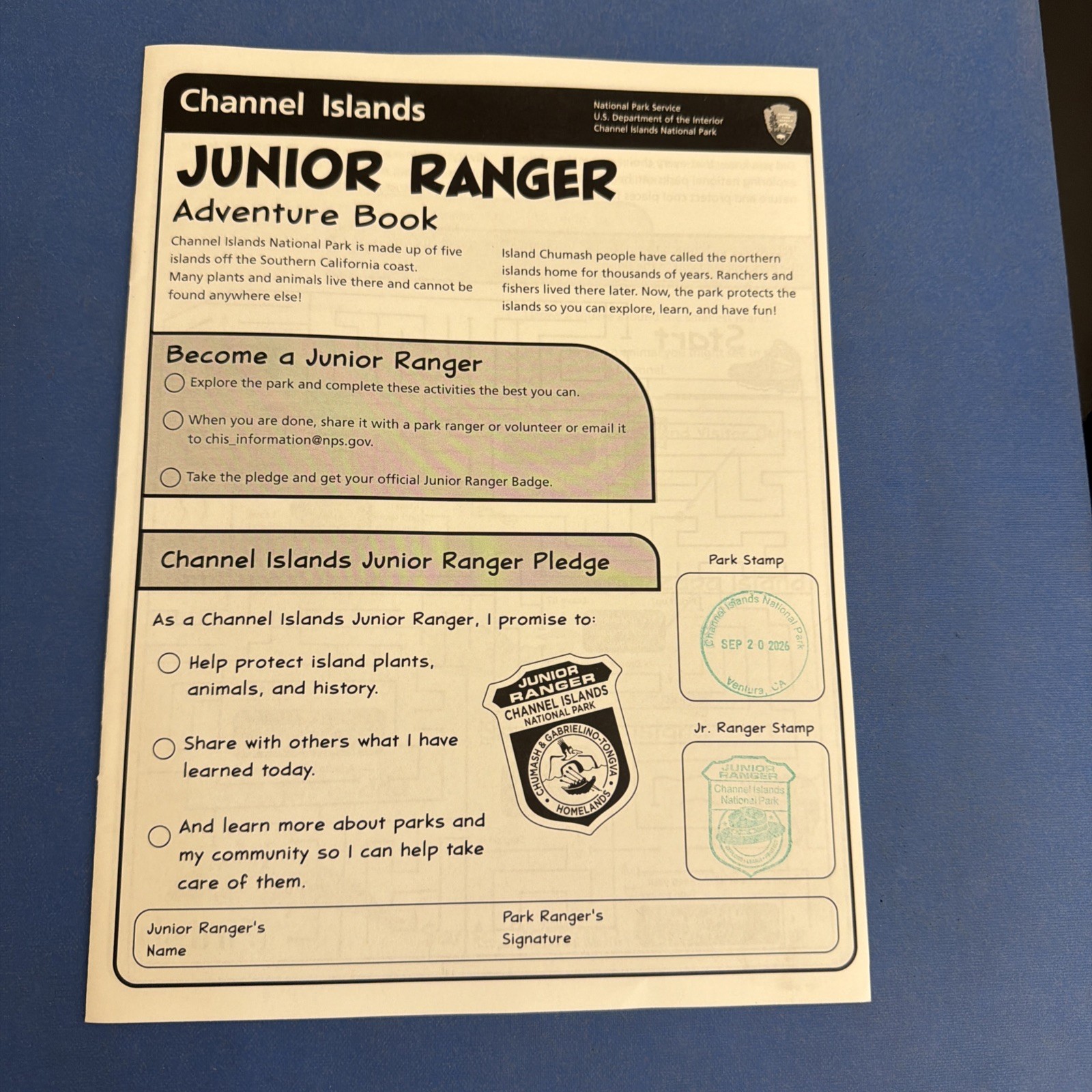 CHANNEL ISLAND National Park Junior Ranger Adventure Book with Park/Ranger Stamp