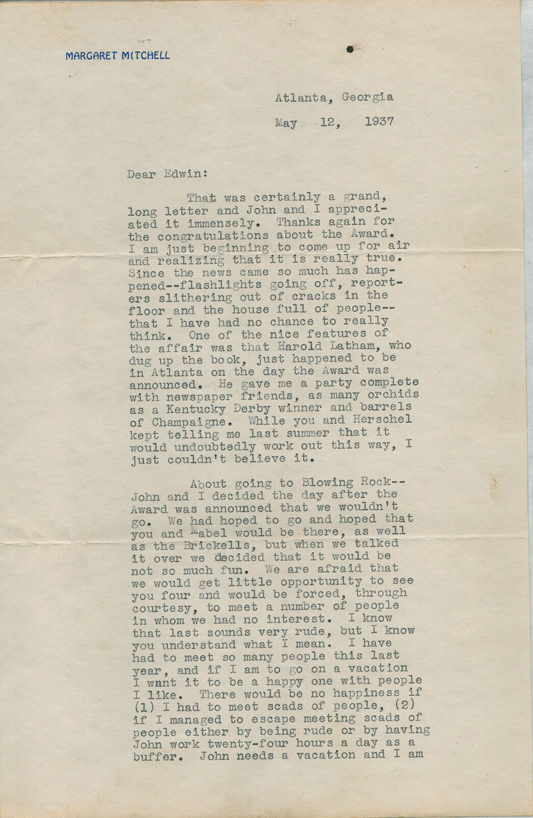 MARGARET MITCHELL - TYPED LETTER SIGNED 05/12/1937