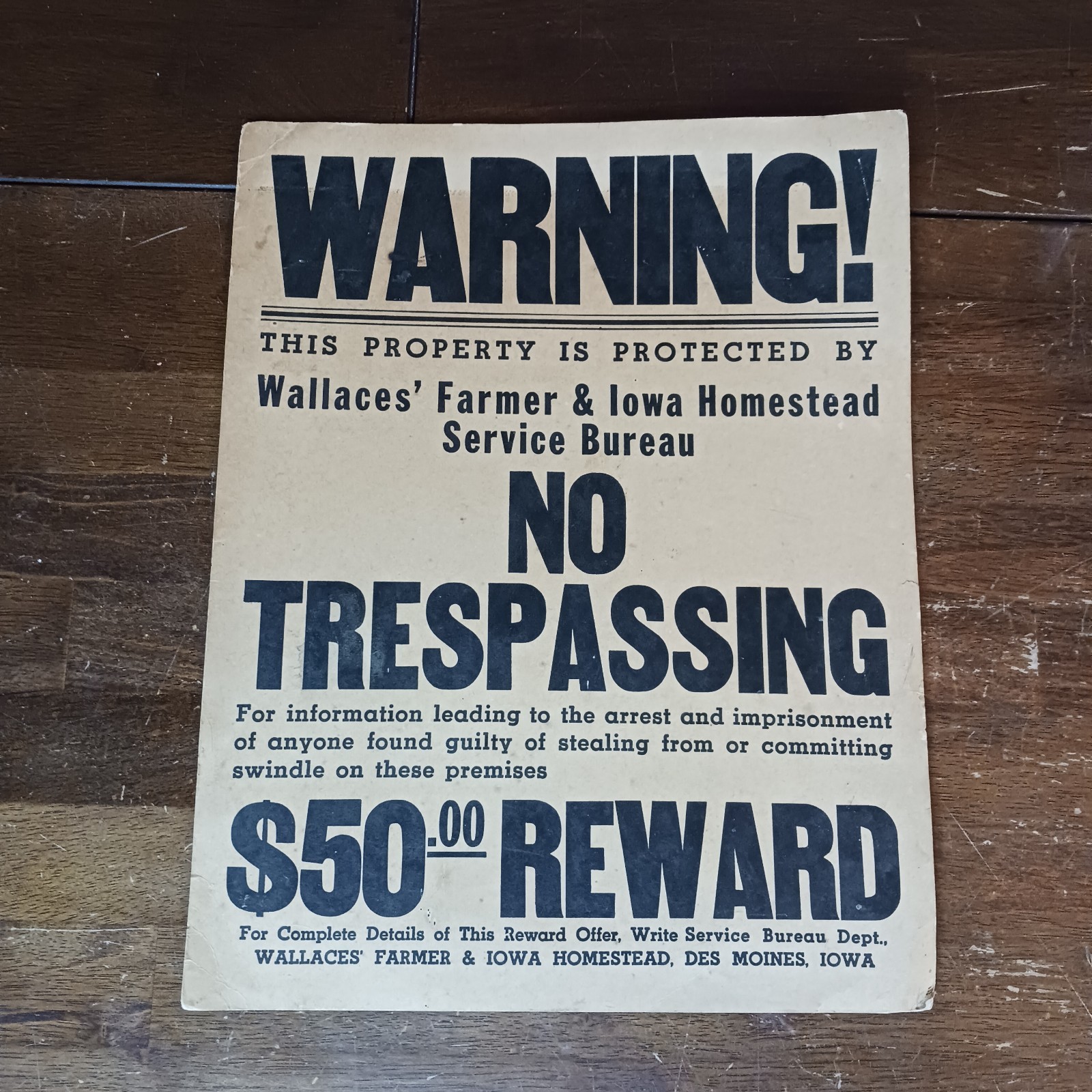 VINTAGE WALLACES FARMER IOWA HOMESTEAD FARM REWARD NO TRESPASSING POSTER SIGN VINTAGE WALLACES FARMER IOWA HOMESTEAD FARM REWARD NO TRESPASSING POSTER SIGN