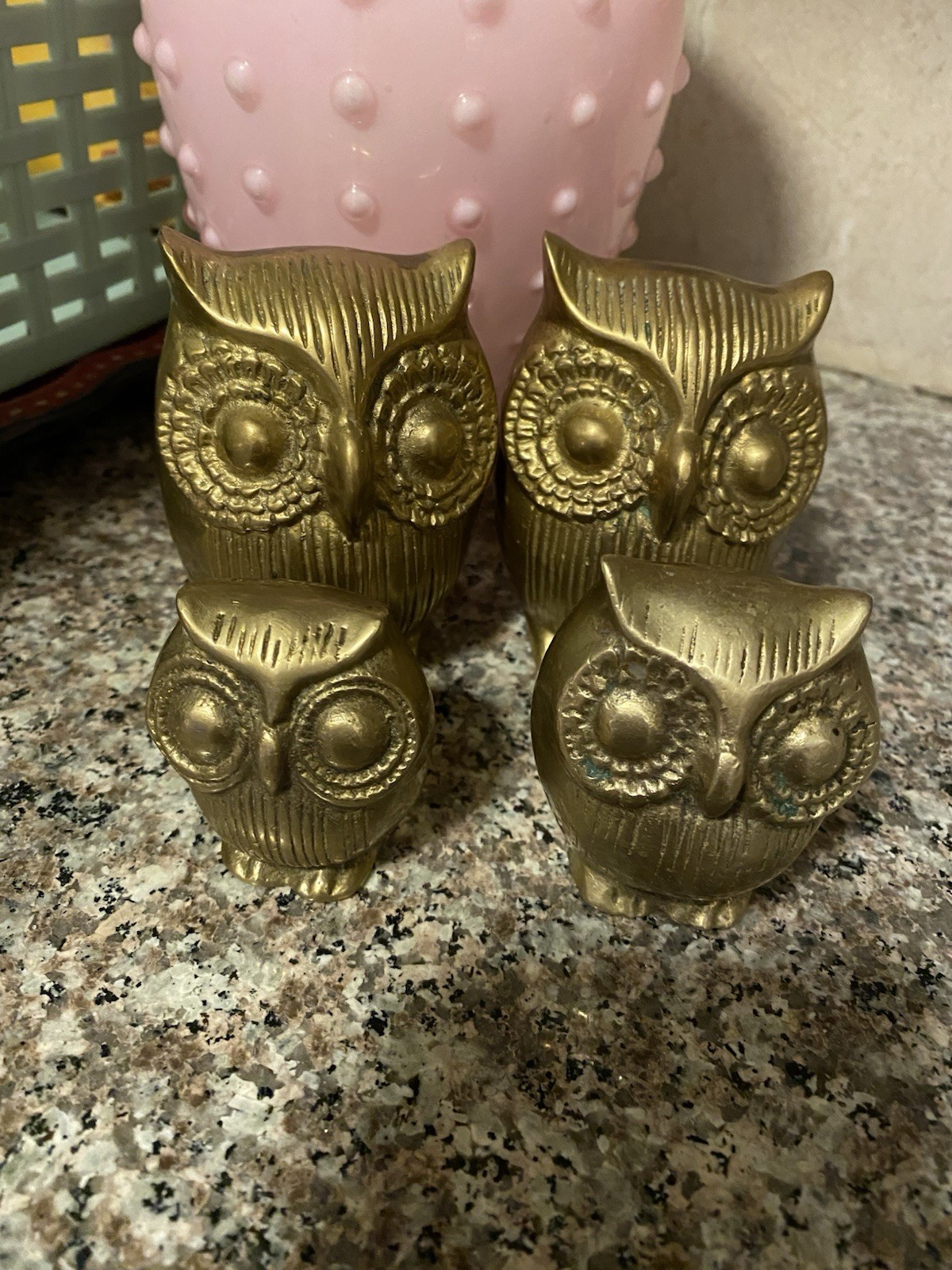 Vintage Brass Owl Figure Paperweight 3” Set Of 4