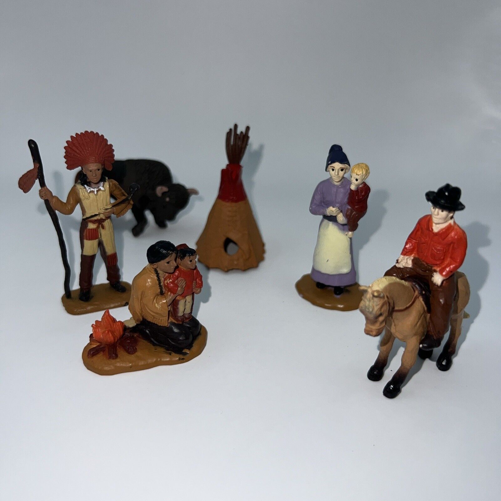 Vintage Safari Ltd Cowboy & Indian Figure Lot of 7 TeePee, Family Horse Buffalo