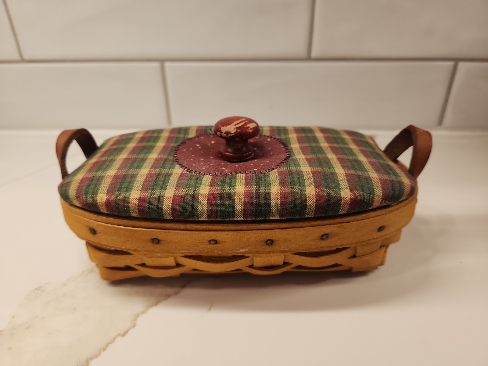 1996 Longaberger Small Oval Basket w/Leather Handles Cloth Lid & Protector READ 1996 Longaberger Small Oval Basket w/Leather Handles Cloth Lid & Protector READ