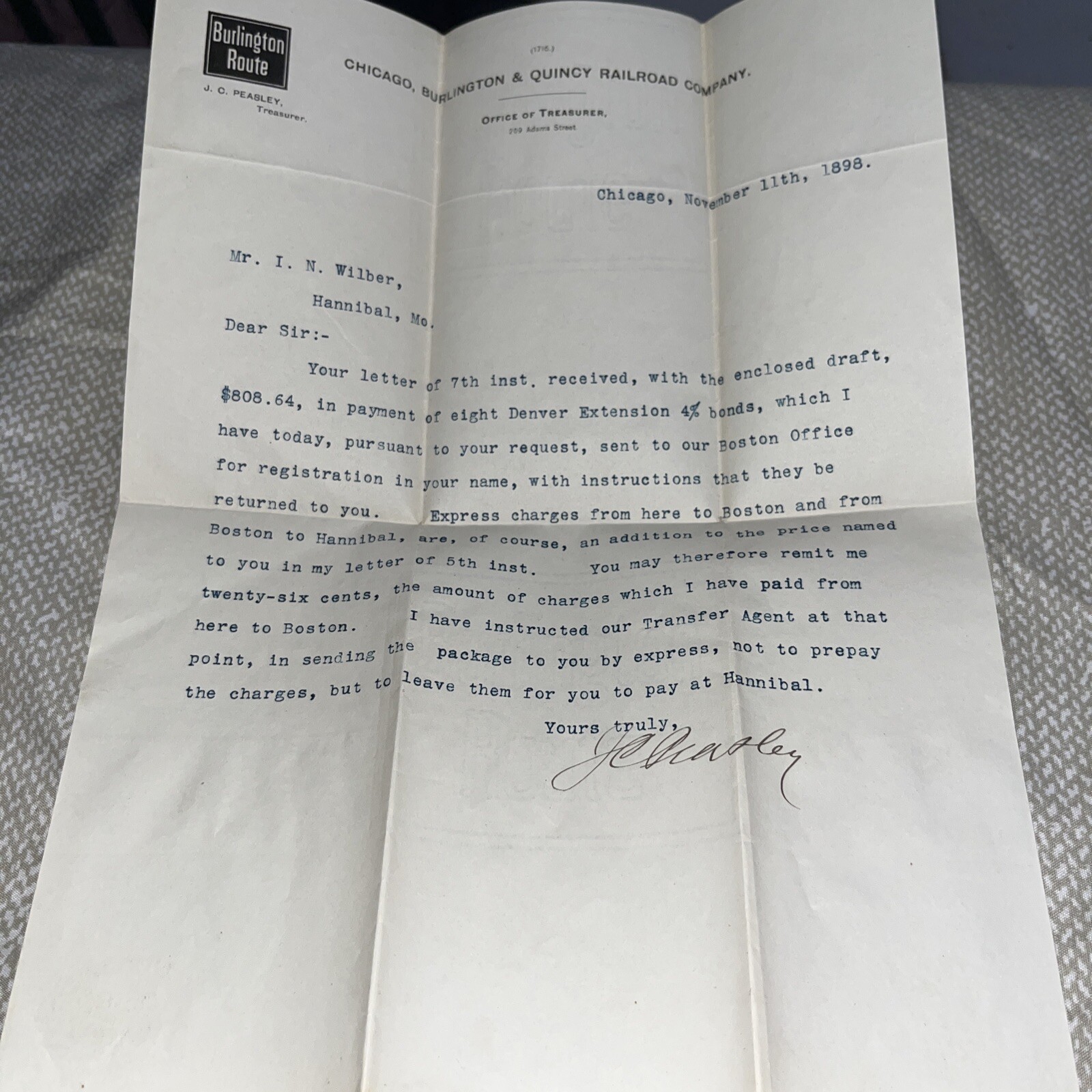 Antique 1898 Bond Payment Letter from Chicago Burlington & Quincy Railroad Route Antique 1898 Bond Payment Letter from Chicago Burlington & Quincy Railroad Route