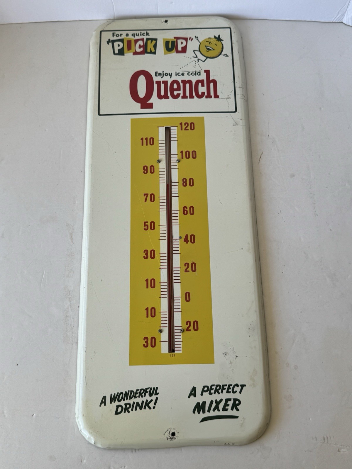 vintage metallic/tin advertising thermometer for Quench, soft drink brand Used vintage metallic/tin advertising thermometer for Quench, soft drink brand Used