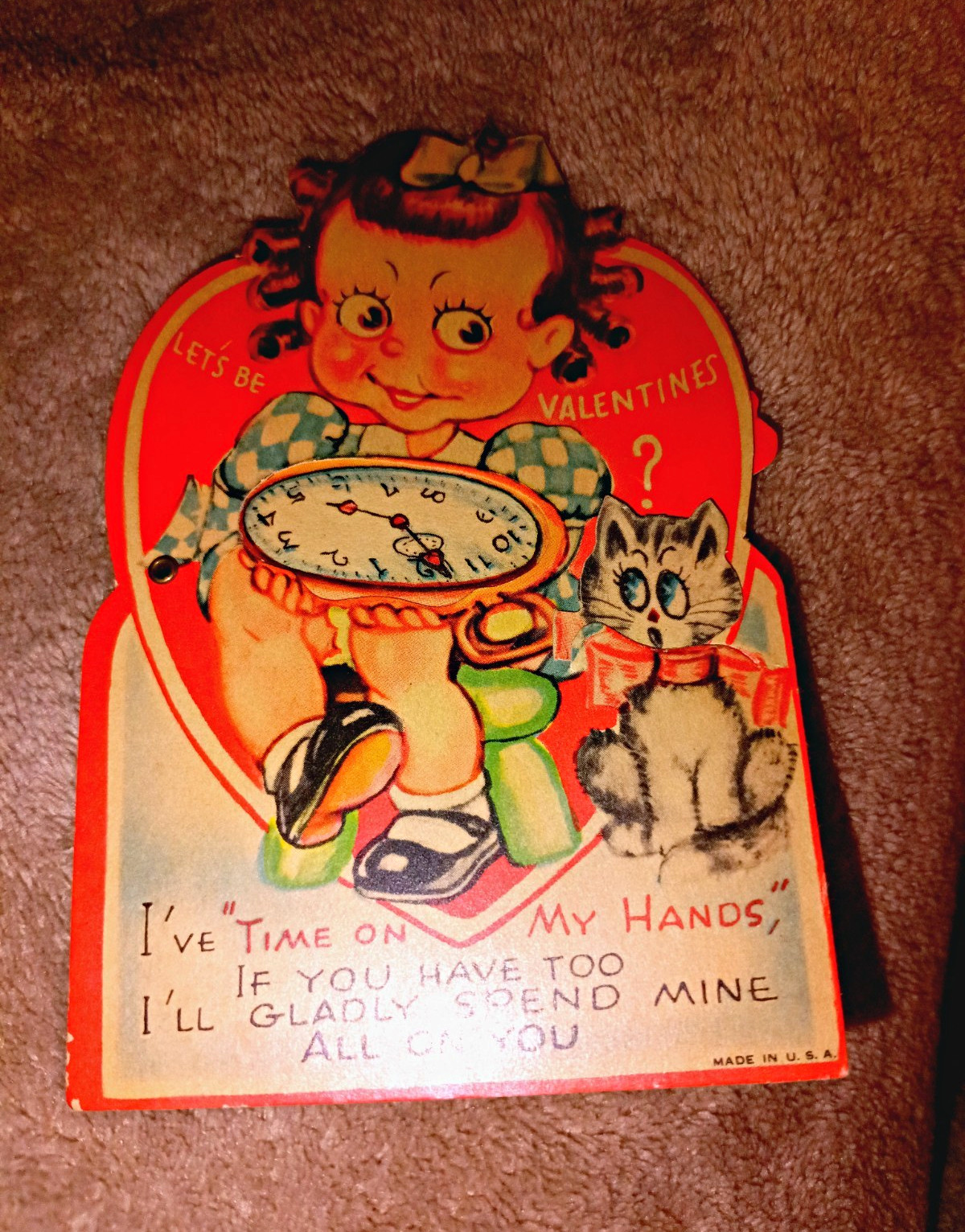 Vintage Valentine’s Day Card Girl With Clock & Cat “Time on My Hands” Mechanical Vintage Valentine’s Day Card Girl With Clock & Cat “Time on My Hands” Mechanical