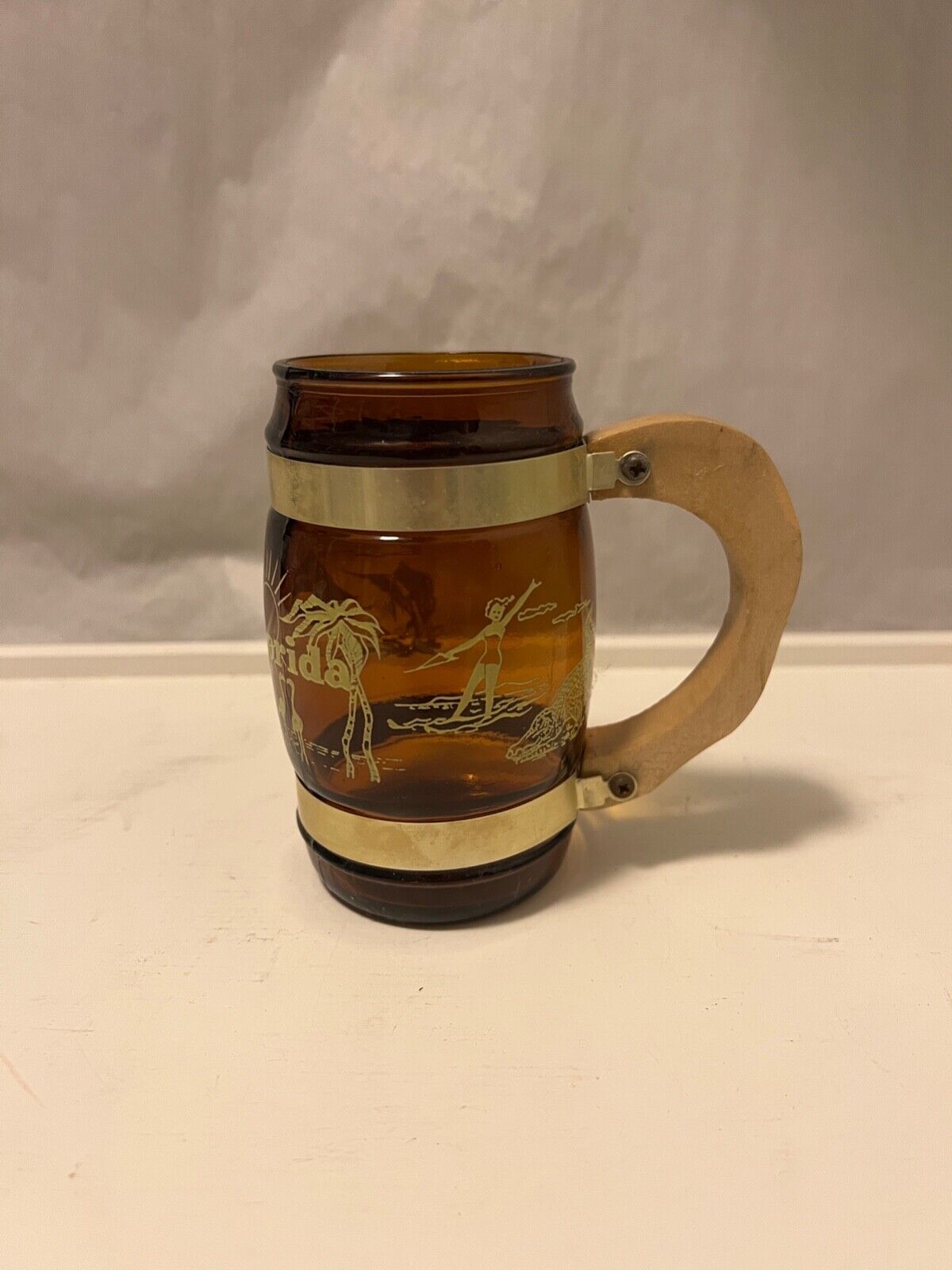Vintage 1960s Mug Fiesta Ware Florida Souvenir Amber Glass & Wood Handle Barware