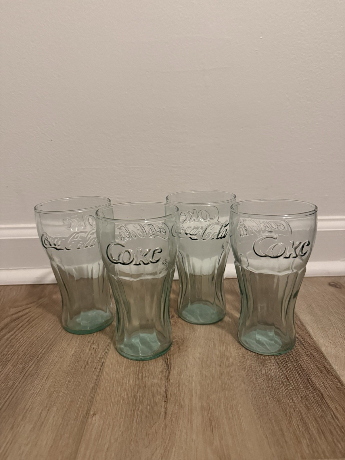 Lot of 4 Vintage Green Bell Shape Glass Embossed Coca Cola Glasses/Indiana Glass Lot of 4 Vintage Green Bell Shape Glass Embossed Coca Cola Glasses/Indiana Glass