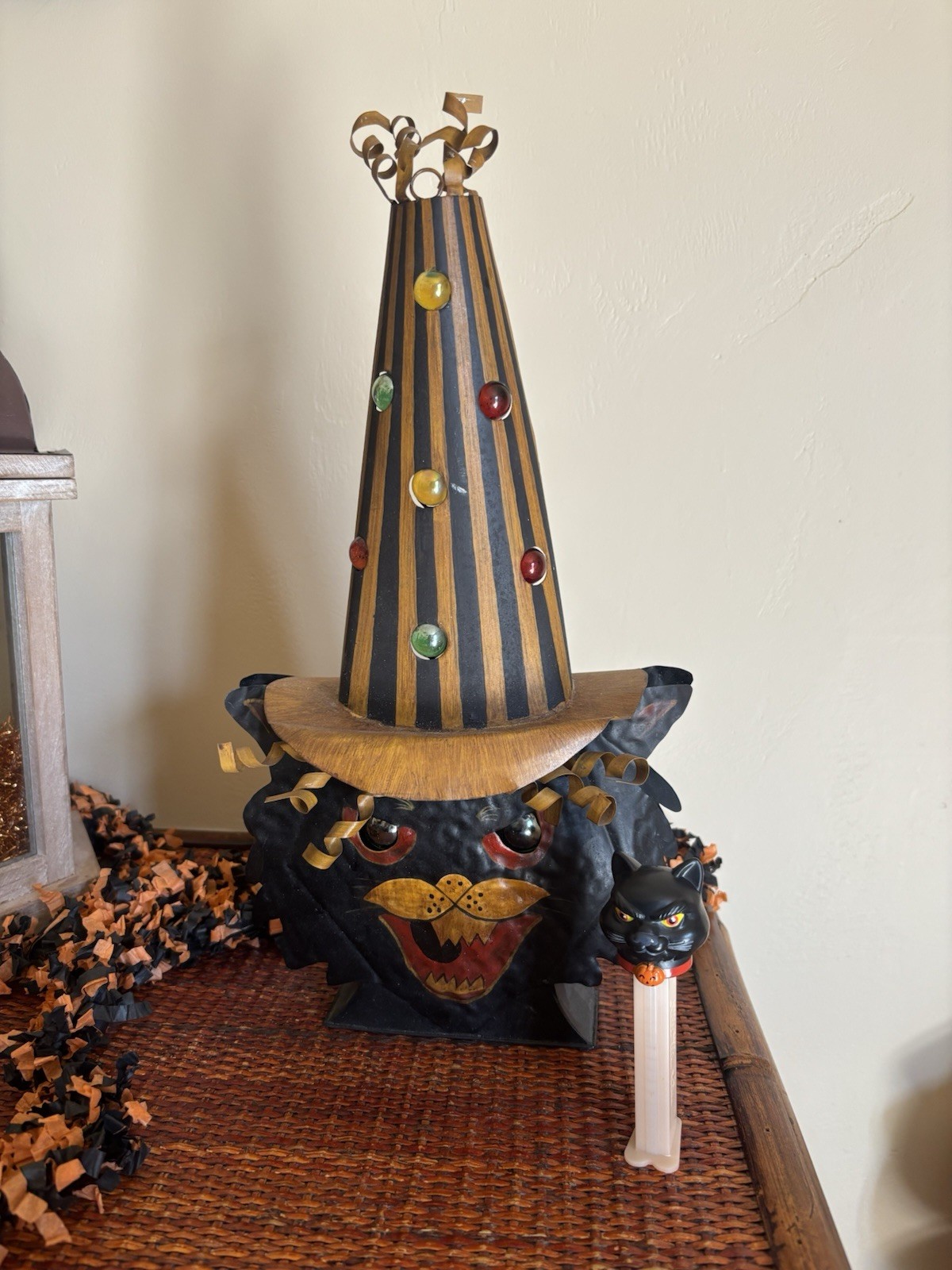 Bethany Lowe Metal Black Cat With Tall Witches Hat Gems 15 1/2 X 8” RARE + Pez Bethany Lowe Metal Black Cat With Tall Witches Hat Gems 15 1/2 X 8” RARE + Pez