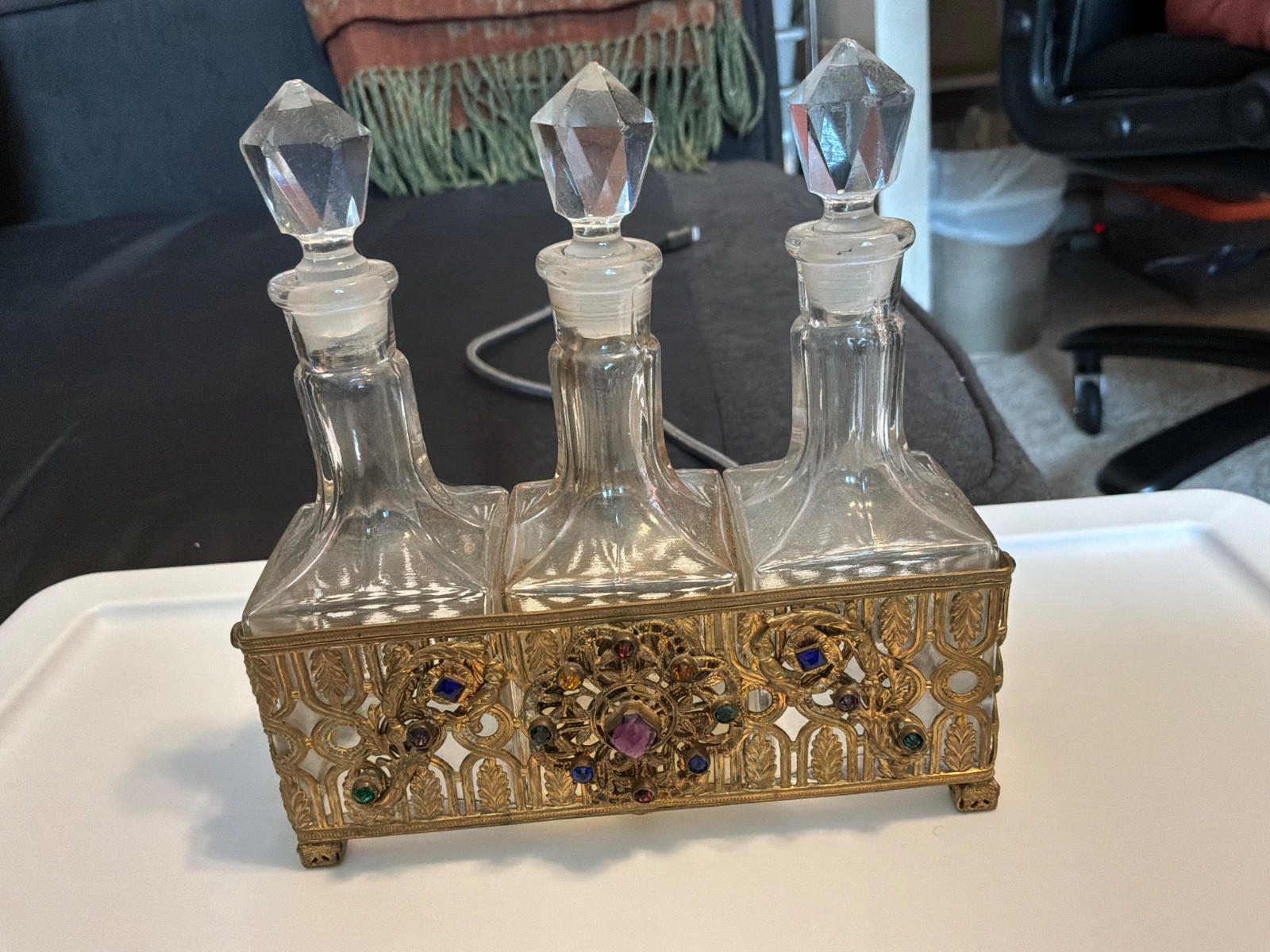 Rare Antique Perfume Set Of 3 Bottles Set In A Jeweled Holder GORGEOUS Rare Antique Perfume Set Of 3 Bottles Set In A Jeweled Holder GORGEOUS