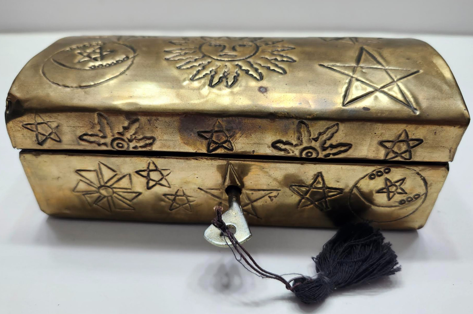 Vintage Etched Brass Celestial Sun Moon & Stars Trinket Box with Key Not Working Vintage Etched Brass Celestial Sun Moon & Stars Trinket Box with Key Not Working