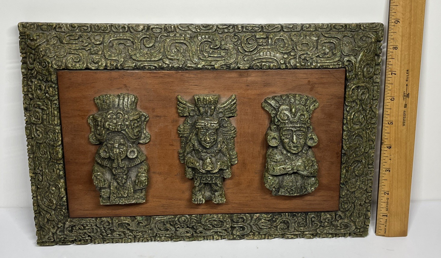 Vintage Mid Century Zarebski Malachite Mayan Aztec Resin Wall Plaque Art Mexico