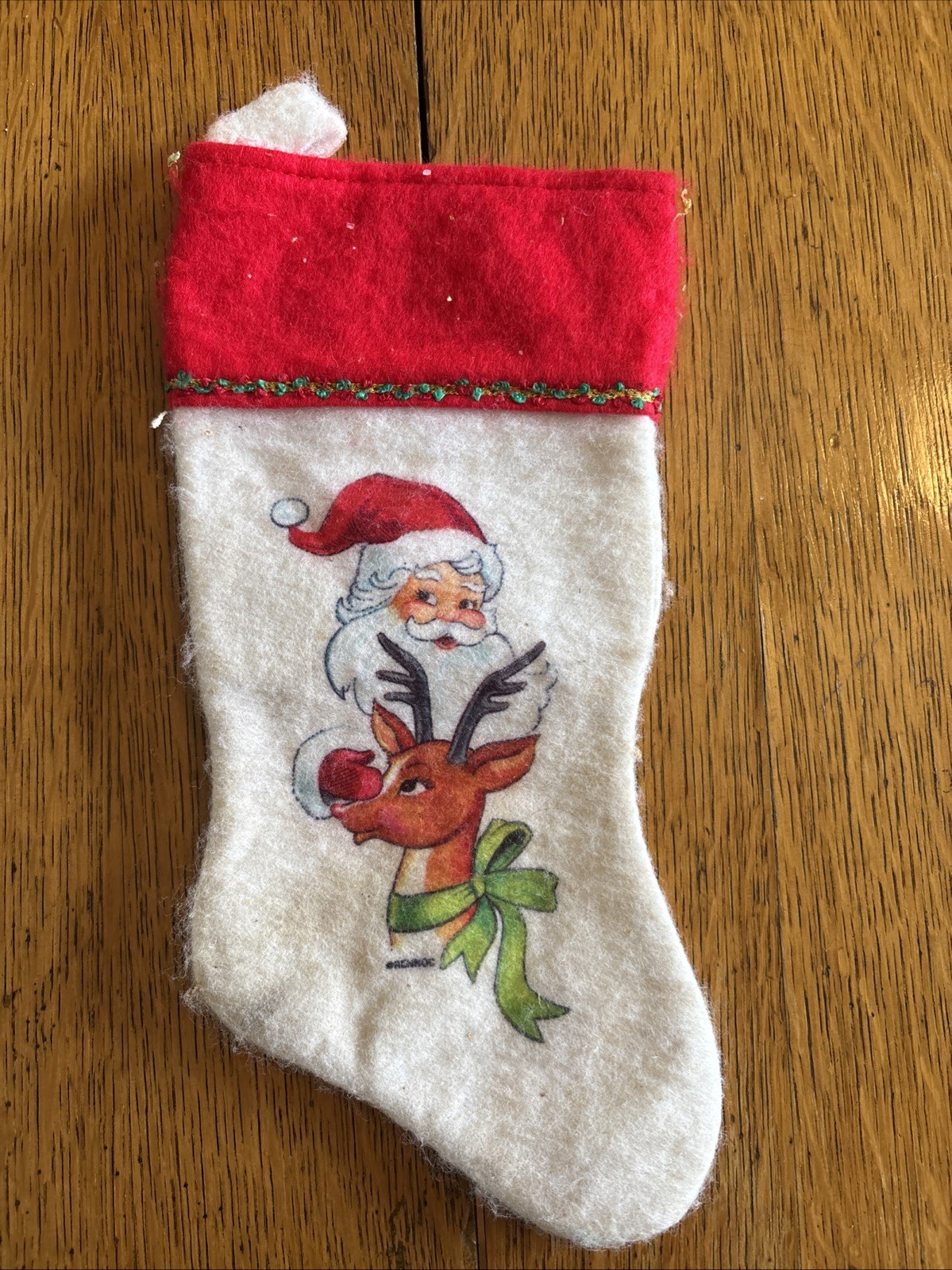 VTG Rennoc Christmas Stocking White Red Felt Santa & Rudolph VTG Rennoc Christmas Stocking White Red Felt Santa & Rudolph