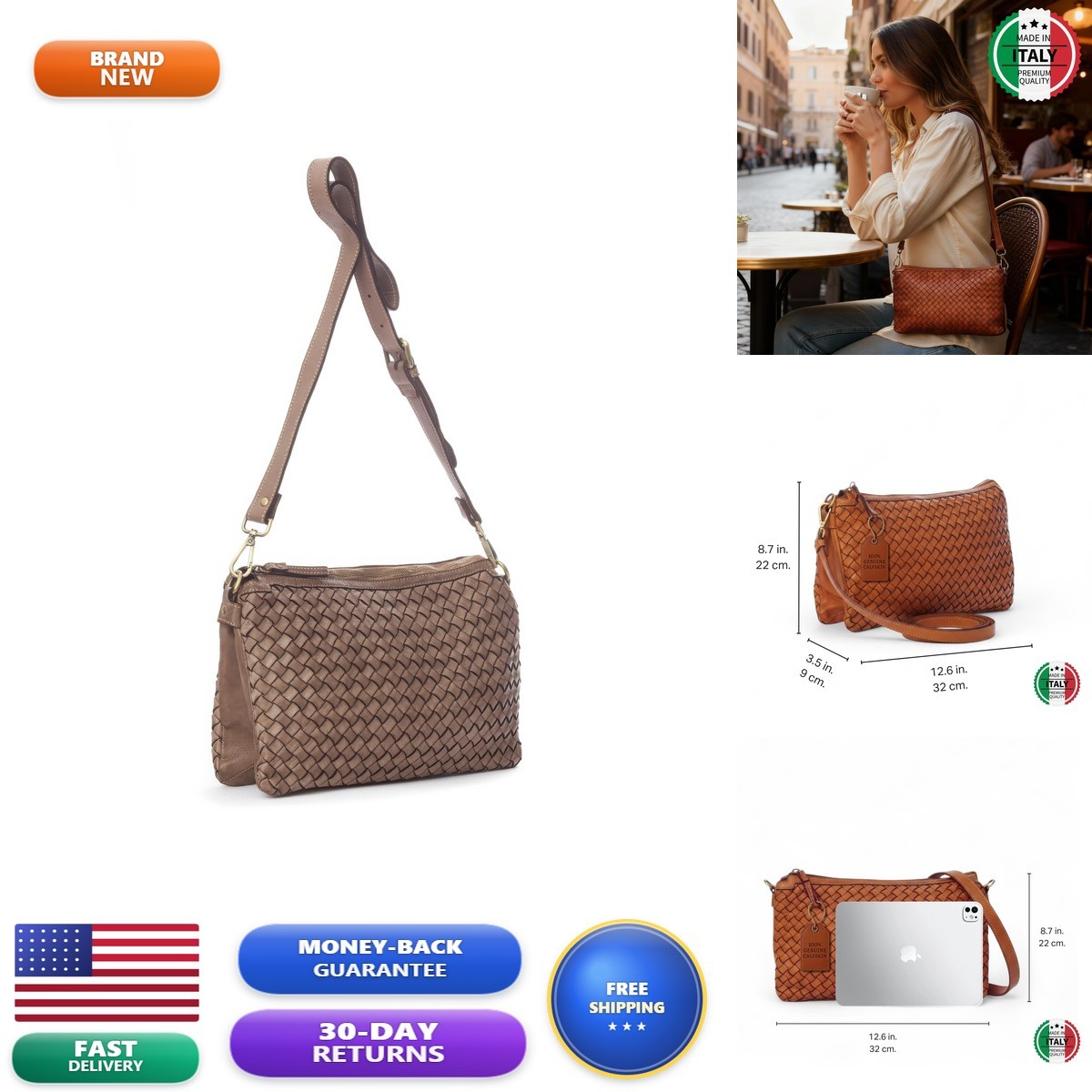 Italian Genuine Leather Crossbody Bag for Women - Taupe Italian Genuine Leather Crossbody Bag for Women - Taupe