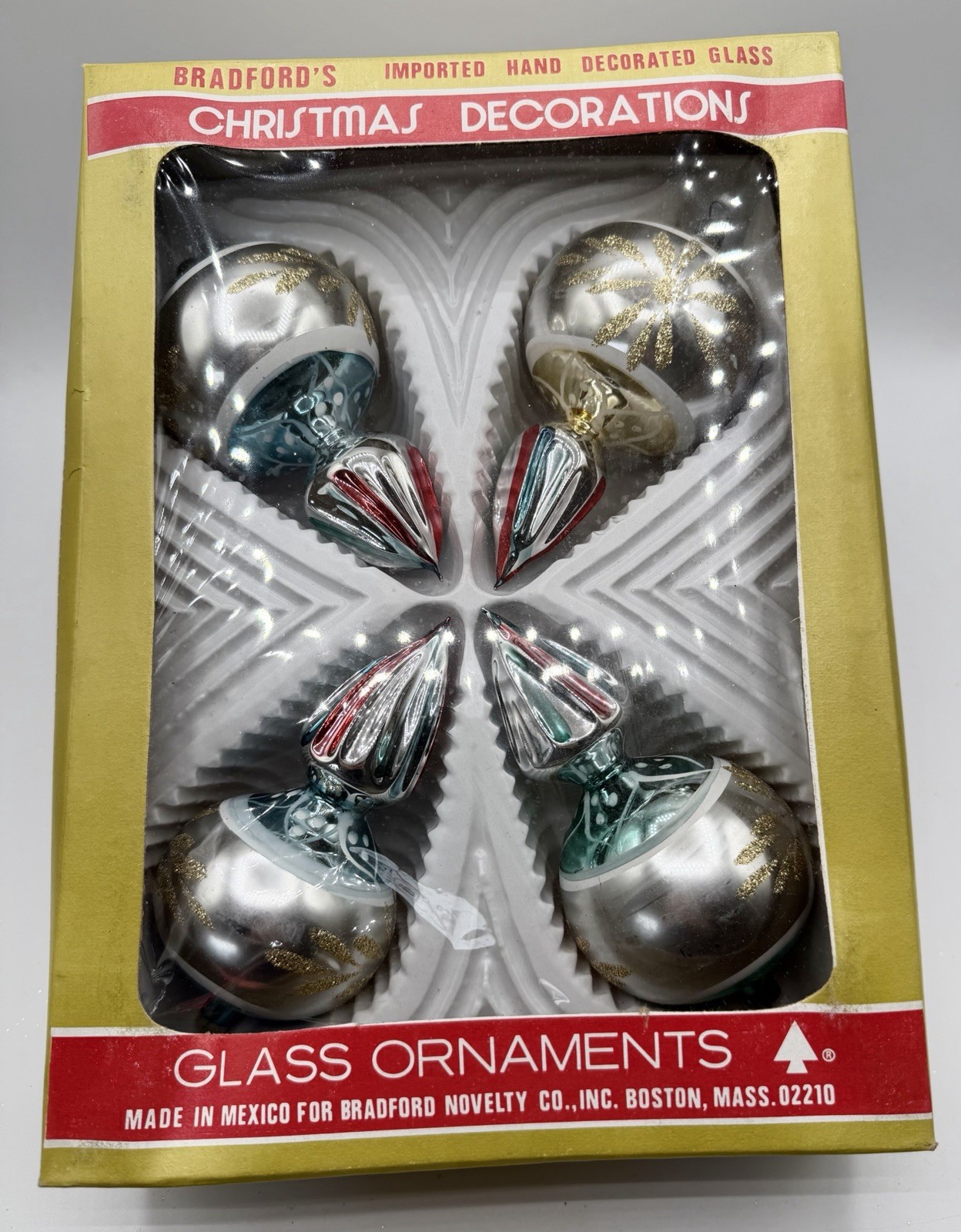 Vintage Bradford MCM Glass Christmas Ornaments Mexico Finial Box Set 4