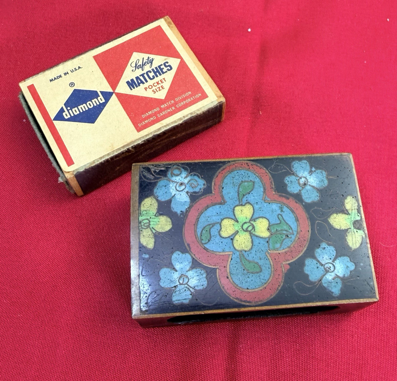Vtg Chinese Cloisonne Enamel Brass Matchbox Holder 2.25” 1950s Diamond Matches