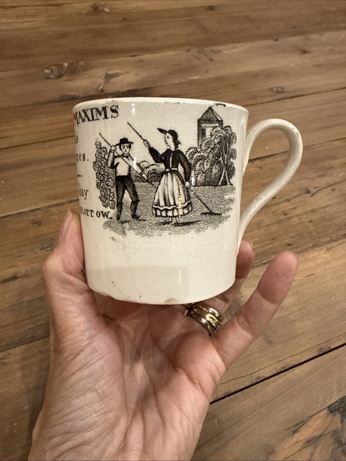 Antique Staffordshire Child’s Mug Franklin’s Maxims Black Transferware c1830