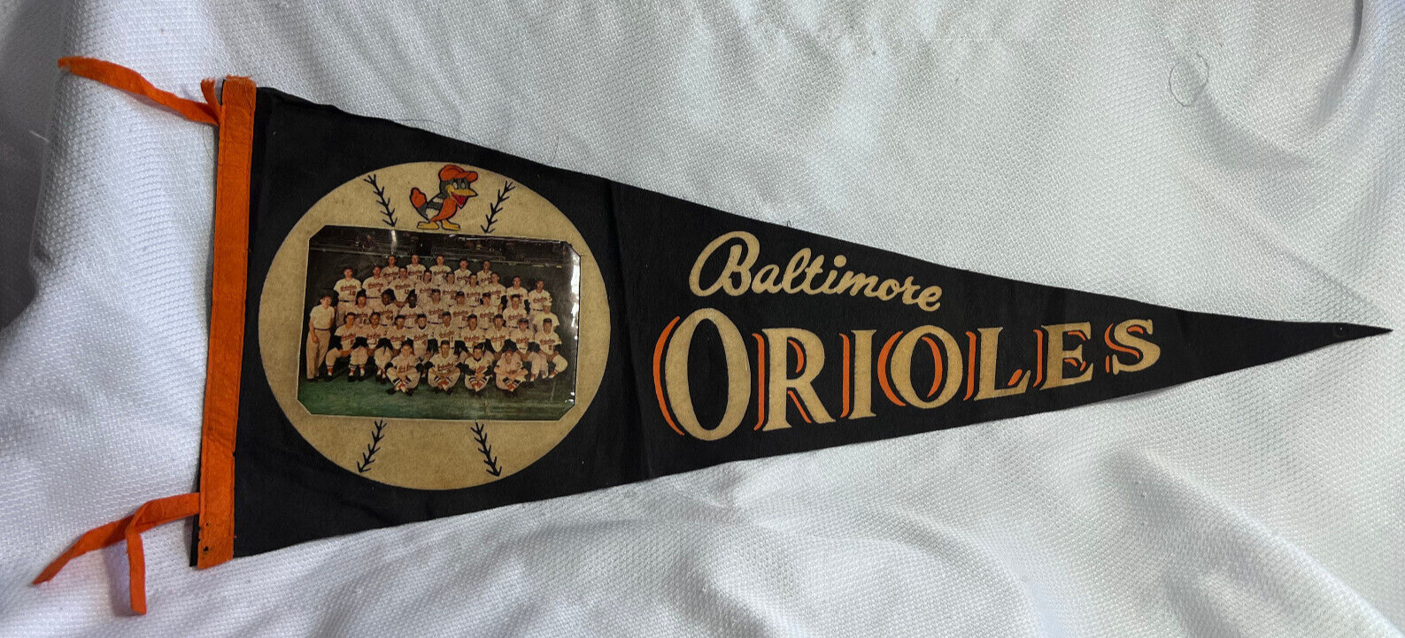 1950\'s Oriole Bird Logo Pennant W/ 2nd Place 1960 Baltimore Orioles MLB Photo