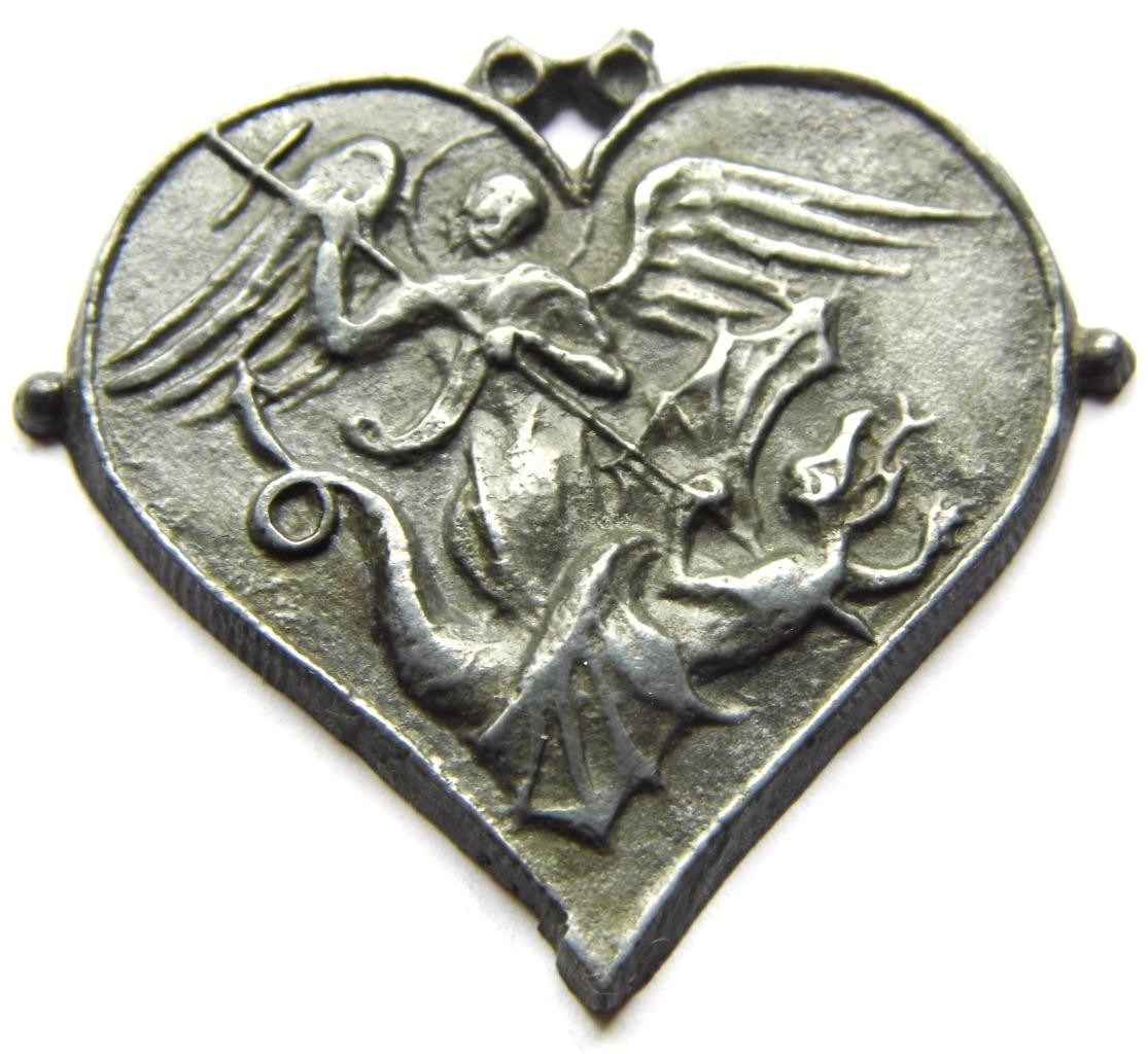 Antique St Michael Archangel Pewter Heart Pilgrims Badge or Holy Medal Medieval