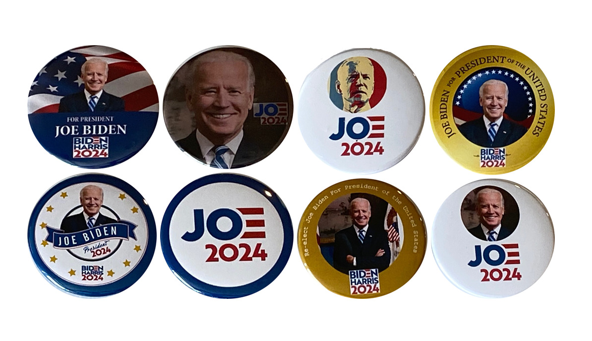 Joe Biden 2024 buttons - Re-elect Joe Biden for President - Set of 8 pins (2.25)