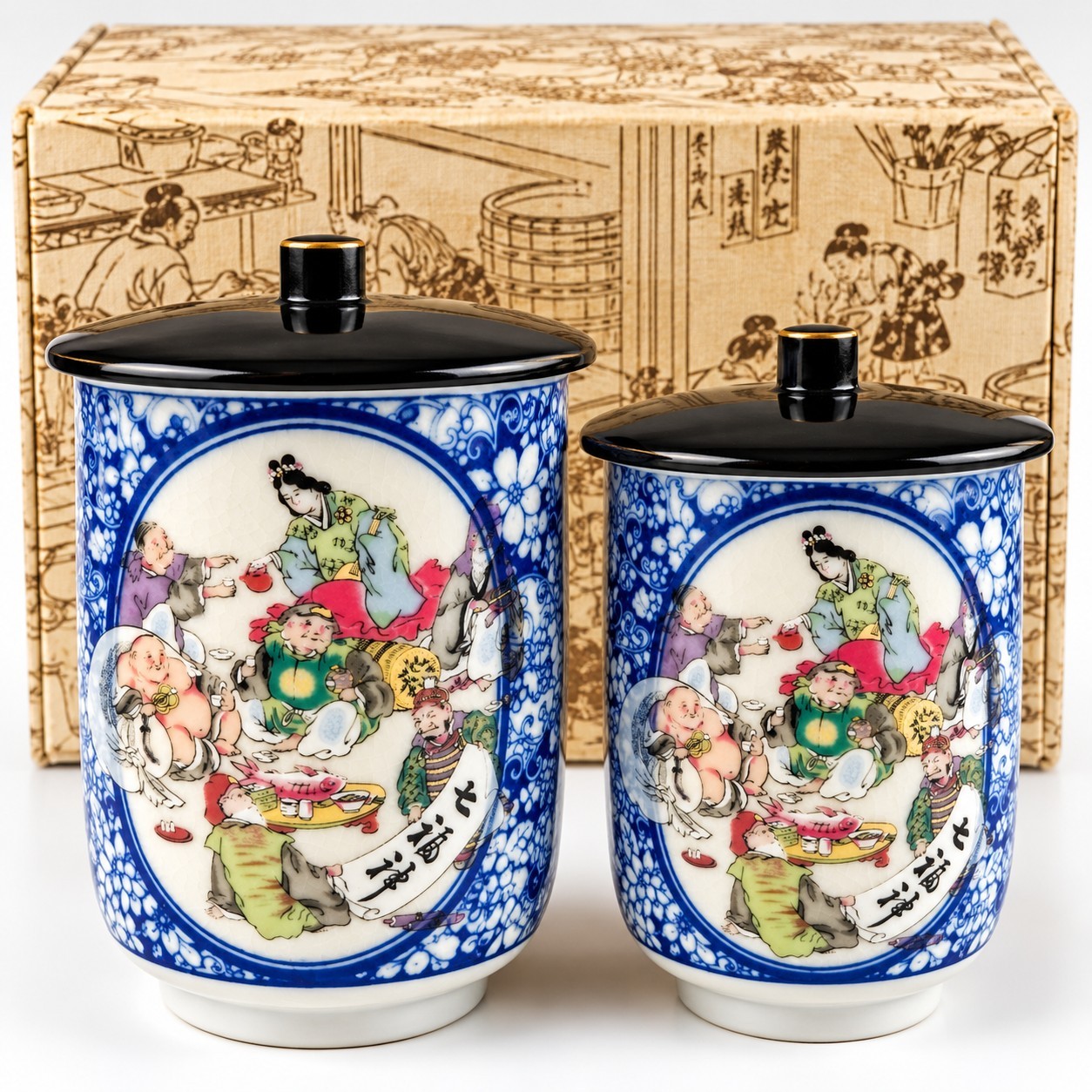 Vintage Arita Ware Senpo 千峰造 Husband Wife Lidded Sake Cups Japanese Boxed Set