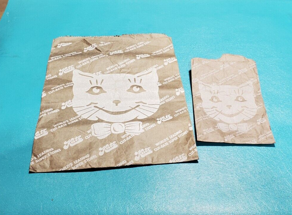 2 VTG 1940S - 50S KATZ DRUG STORE PAPER BAGS VTG OLD PAPER BAG CAT ADVERTISING 2 VTG 1940S - 50S KATZ DRUG STORE PAPER BAGS VTG OLD PAPER BAG CAT ADVERTISING