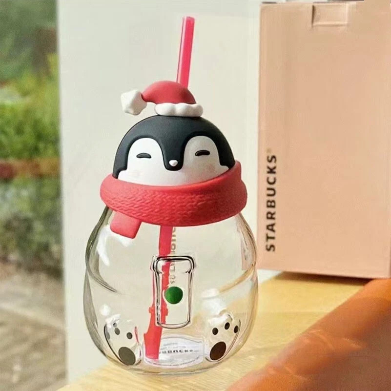 New Rare Starbucks China 2022 Christmas Cute Penguin 22oz Glass Straw Cup