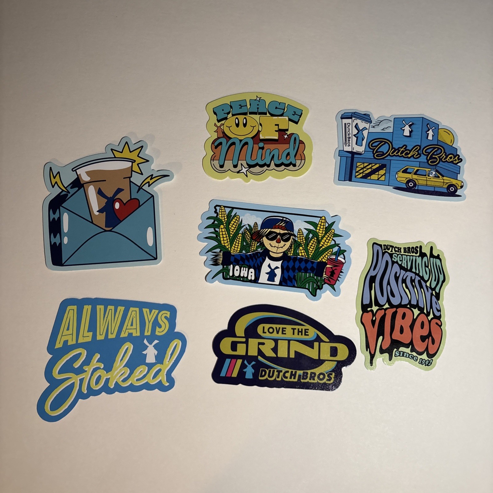 Lot Of 7 Dutch Bros Stickers Iowa Grand opening stickers Rare Scarecrow corn Lot Of 7 Dutch Bros Stickers Iowa Grand opening stickers Rare Scarecrow corn