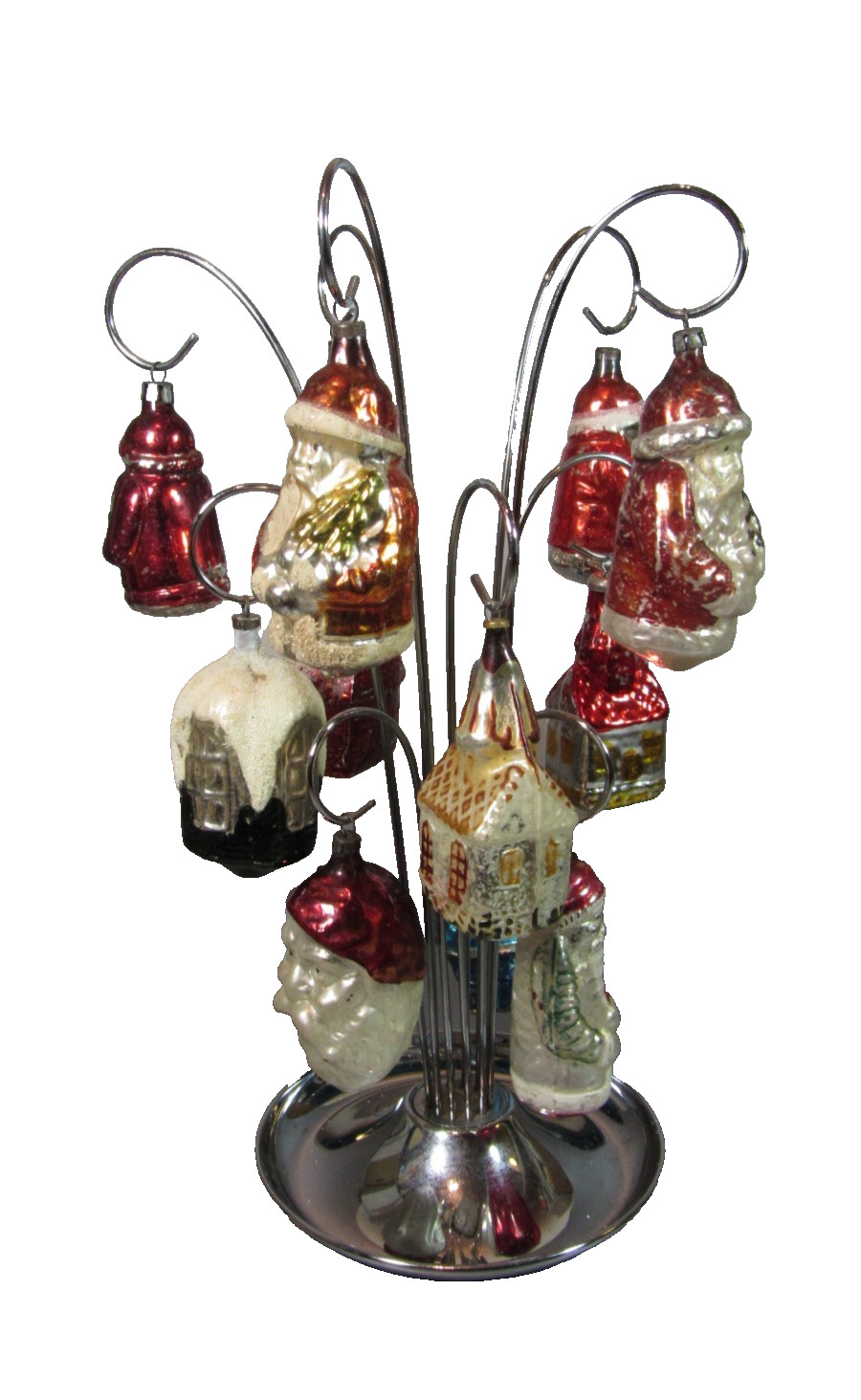 VTG Antique 12 Variety Assorted Mercury Glass Ornaments Santa Claus, Houses 40's