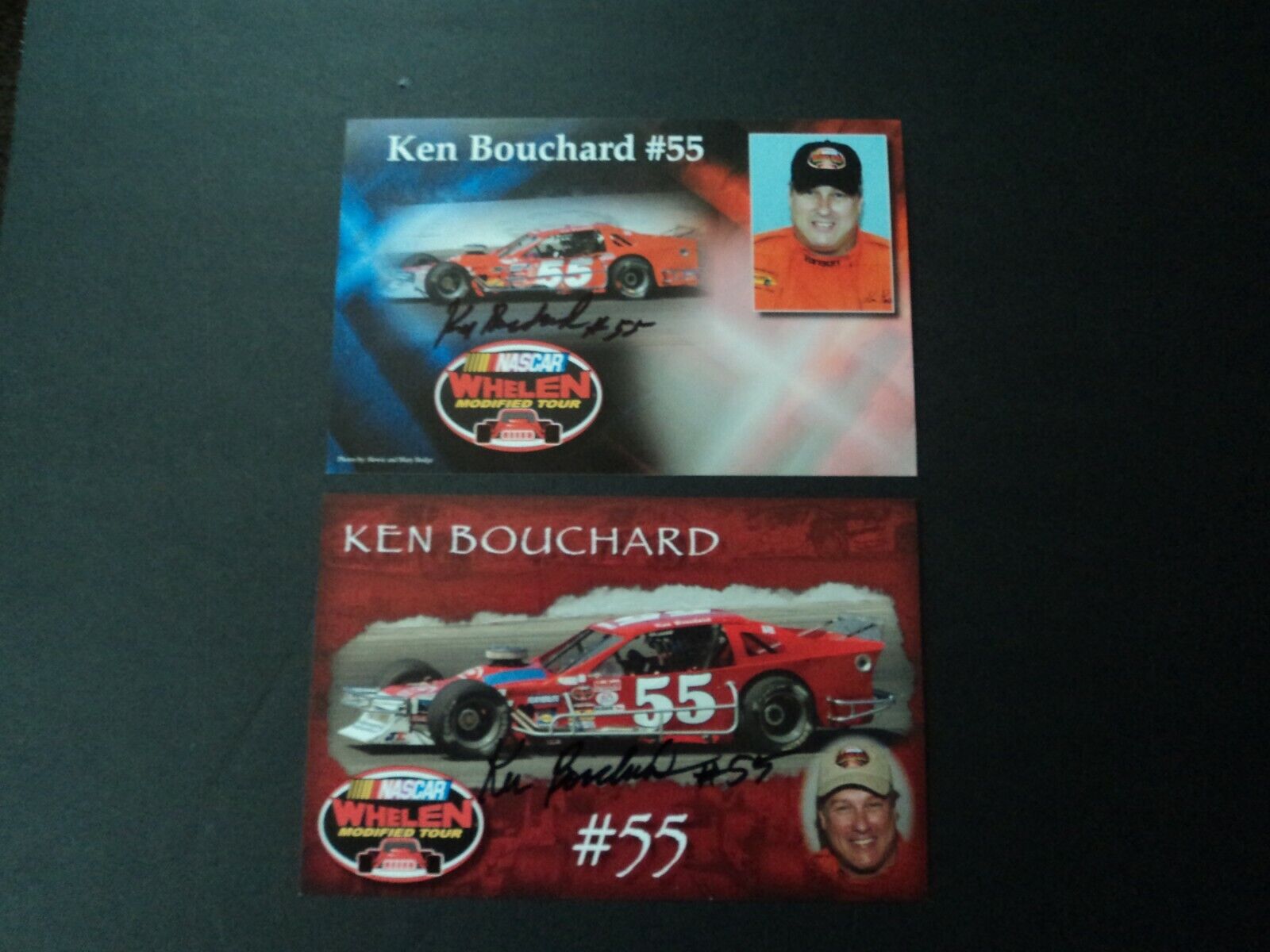 2x Signed Ken Bouchard NASCAR Modified Postcards Thompson Speedway Stafford